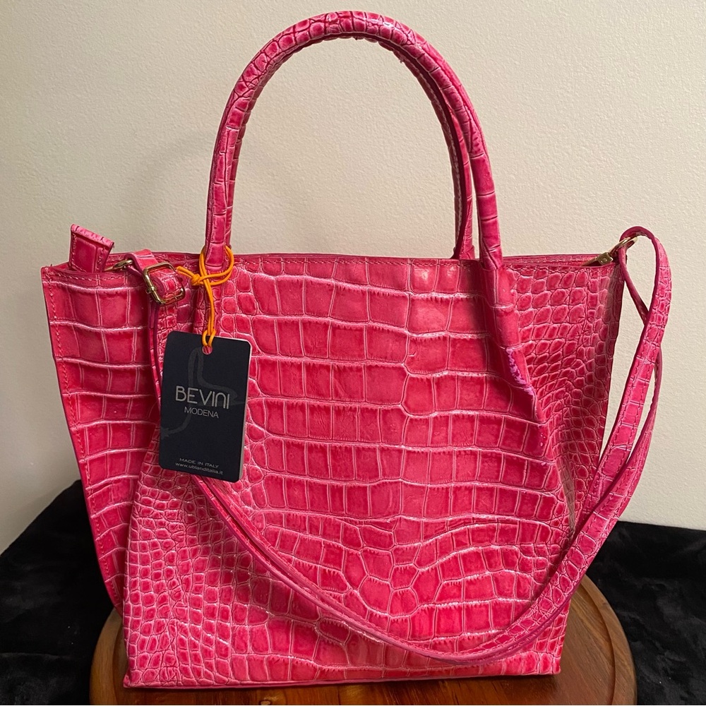 Bevini Modena Mid-Size Tote (B5) | Croc Print Leather | Fuchsia | Made in Italy